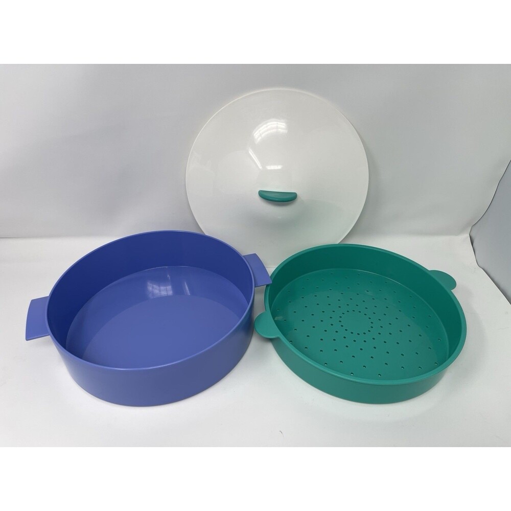Vintage Tupperware 3-Piece Round Blue/White/Teal Microwave Steamer Clean!